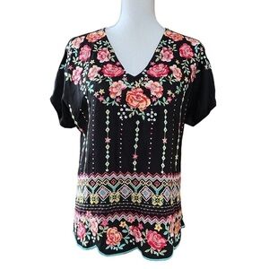 SAVANNA JANE WOMENS BLACK PULLOVER EMBROIDERED TOP SIZE MEDIUM